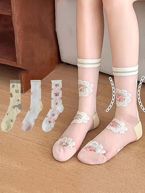 3 Pairs Summer Artsy Flower Jacquard Mid-calf Thin Socks