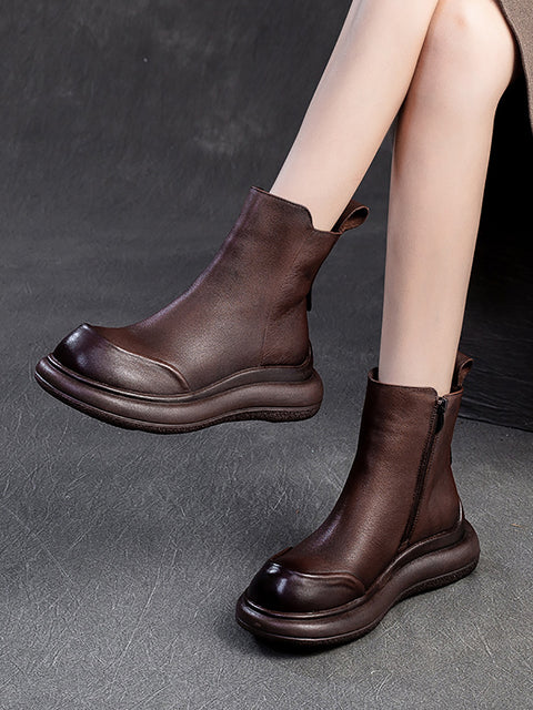 Women Winter Casual Zipper Leather Mid Heel Boots