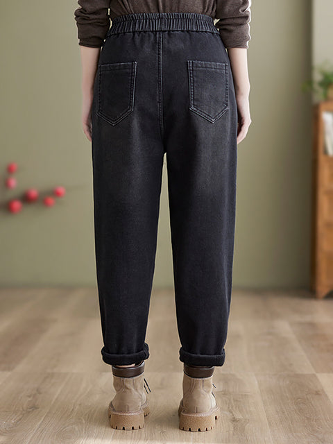 Women Autumn Vintage Solid Fleece-lined Harem Pants