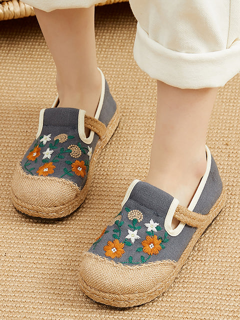 Women Summer Flower Embroidery Linen Spliced Straw Shoes