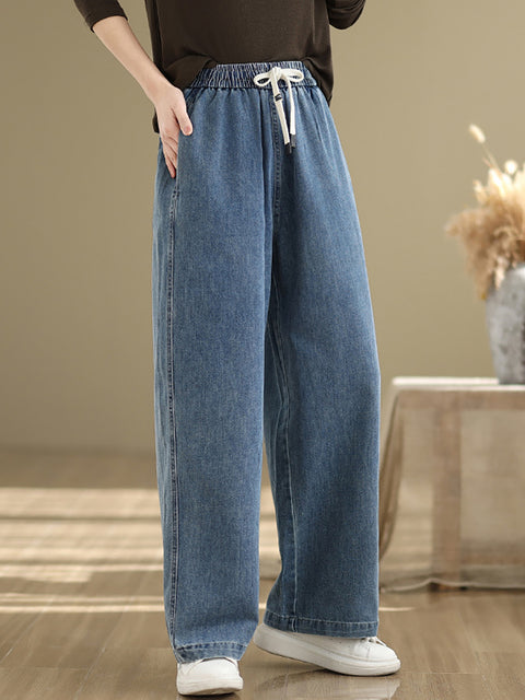 Women Spring Casual Pure Color Denim Straight Pants