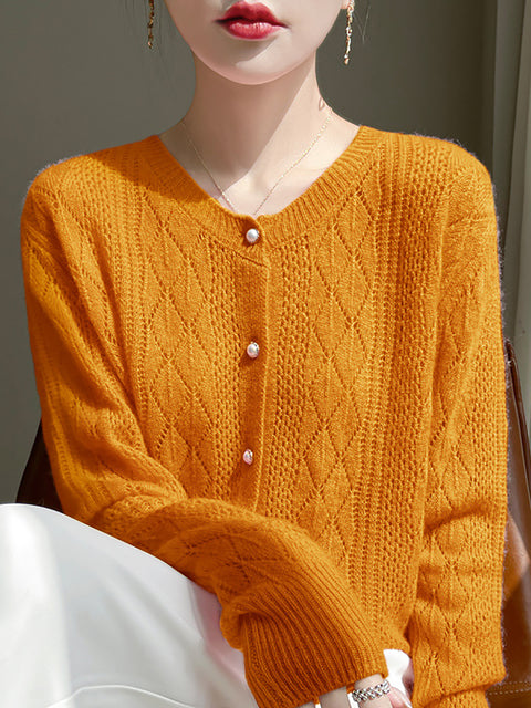 Women Autumn Wool O-Neck Cardigan Knit Sweater