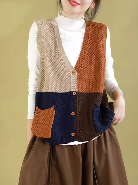 Women Autumn Colorblock Knitted V-Neck Vest