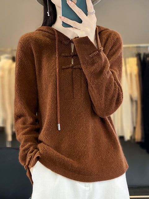 Women Autumn Soft Hollow Out Knit 100%Wool Hooded Sweater