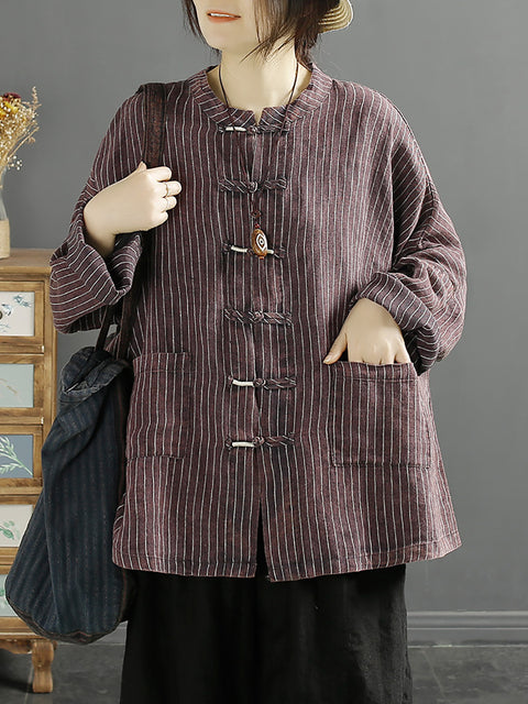 Women Spring Ethnic Stripe Loose Linen Cotton Shirt