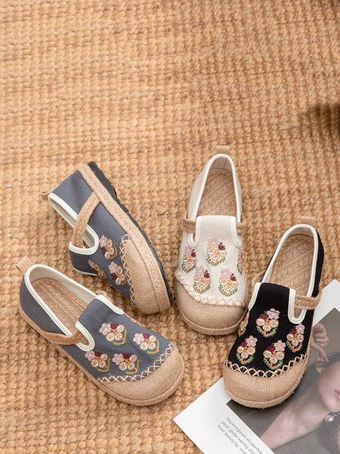 Women Ethnic Flower Embroidery Linen Flat Shoes