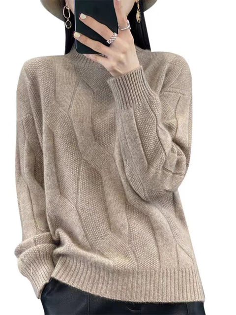 Women Autumn Cable Knit 100%Wool Turtleneck Sweater