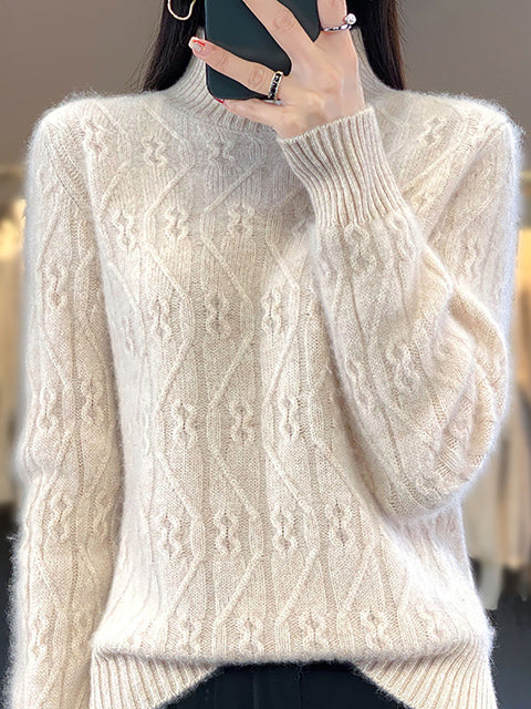 Women Autumn Half Turtleneck Wool Twist Knit Sweater