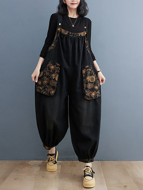 Women Vintage Floral Spliced Winter Denim Jumpsuits