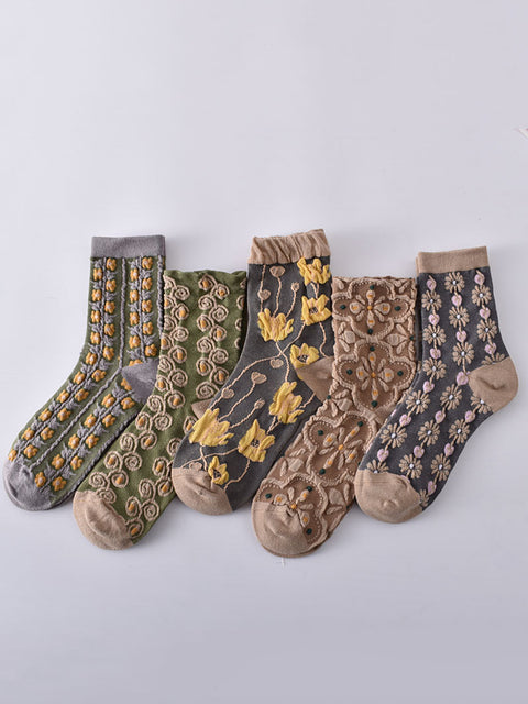 5 Pairs Women Autumn Vintage Flower Jacquard Socks