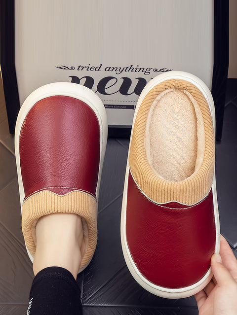 Winter Couple Leather Spliced Plush Flat Slippers