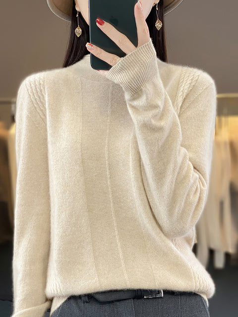 Women Autumn Half-Turtleneck Knit 100%Wool Sweater