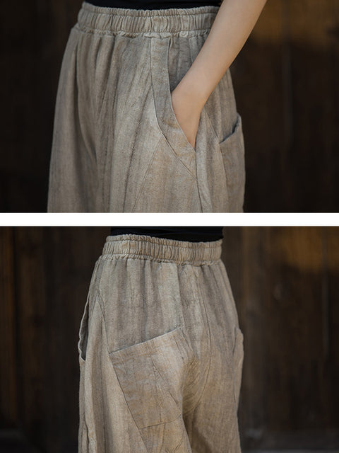 Women Vintage Autumn Solid Loose Ramie Bloomers