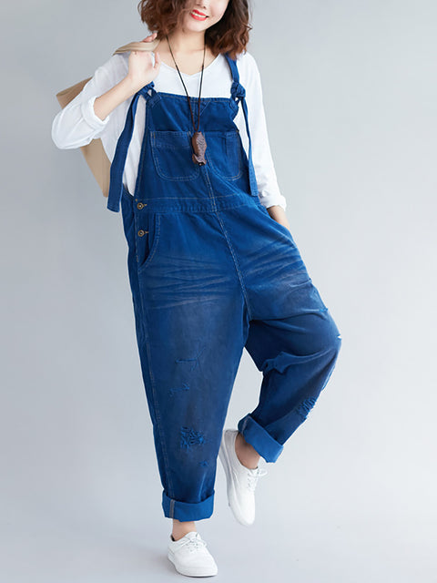 Women Retro Colorblock Autumn Denim Jumpsuits