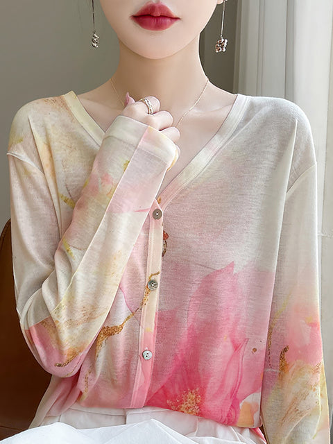 Women Spring Casual Flower V-Neck Shirt