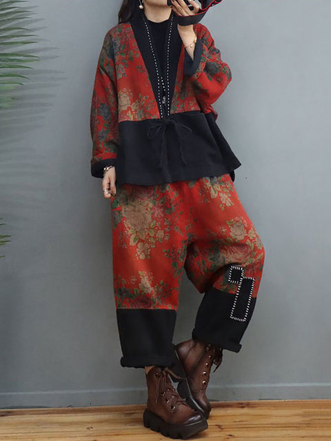 Plus Size Women Ethnic Floral Spliced Stitching Suits