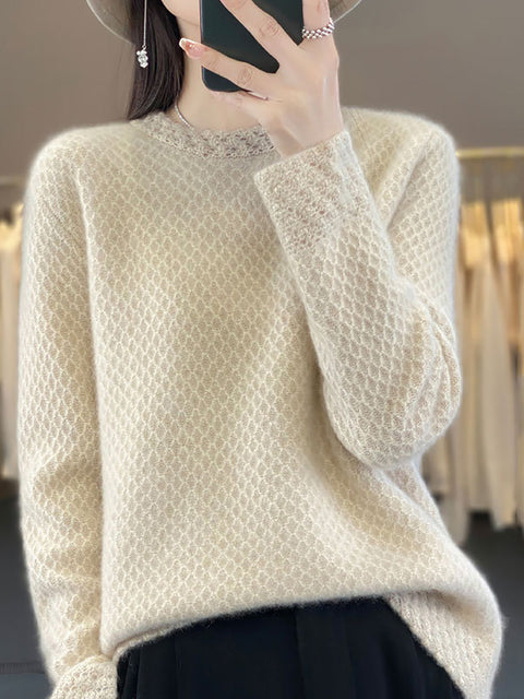 Women Winter Wool Crochet O-Neck Sweater