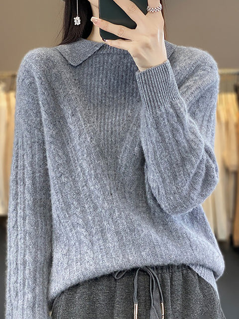 Women Autumn Soft Solid Knit 100%Wool Turn-down Collar Sweater