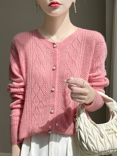 Women Autumn Wool O-Neck Cardigan Knit Sweater