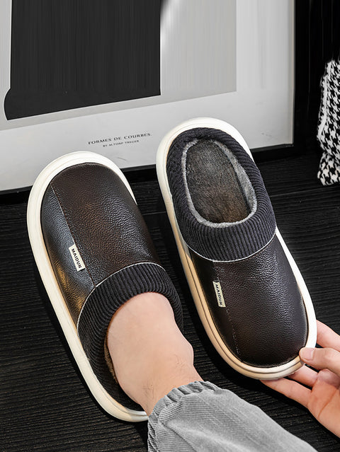 Couple Winter Fleece-lined Leather Slippers