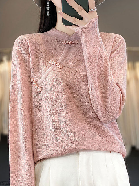 Women Autumn Wool Stand Collar Lace Knit Sweater