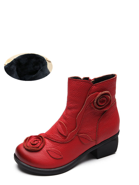 Women Retro Flower Leather Solid Mid-Heel Boots