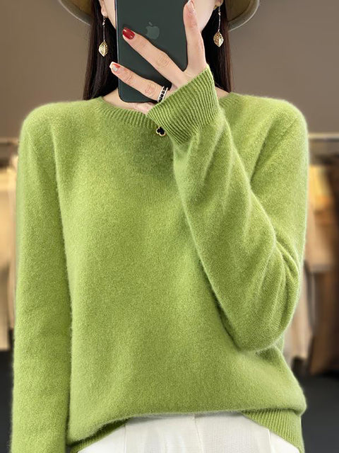 Women Autumn Solid Knit 100%Wool O-Neck Sweater