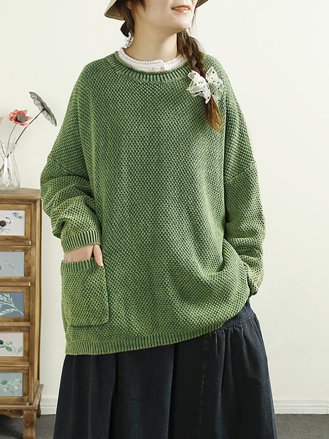 Women Casual Autumn O-Neck Solid Knit Sweater