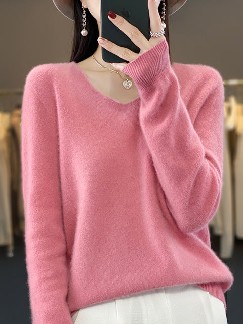 Women Autumn Pure Color V-Neck Knit Sweater