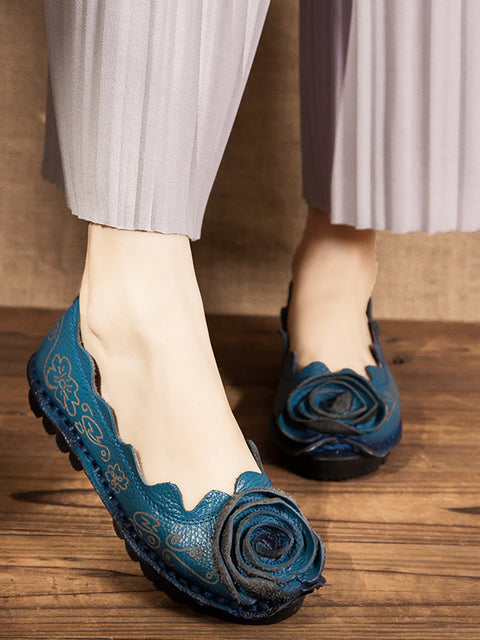 Wavy Edge Leather Rose Flat Shoes