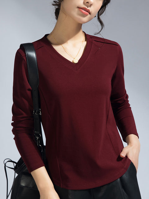 Women Spring Casual V-Neck Pure Color Blouse