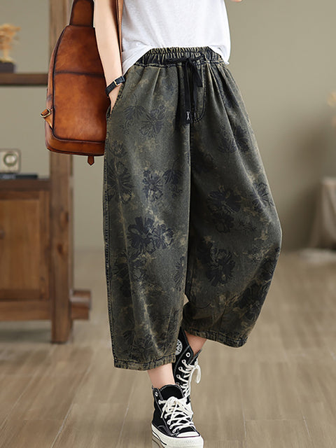 Women Summer Retro Flower  Denim Loose Pants