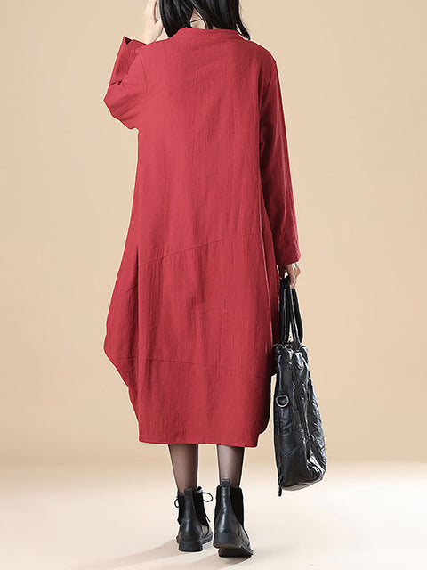 Plus- Size Cotton Long Sleeve Loose Casual Red Dress For Women