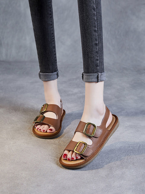 Women Summer Casual Leather Flat Button Sandals