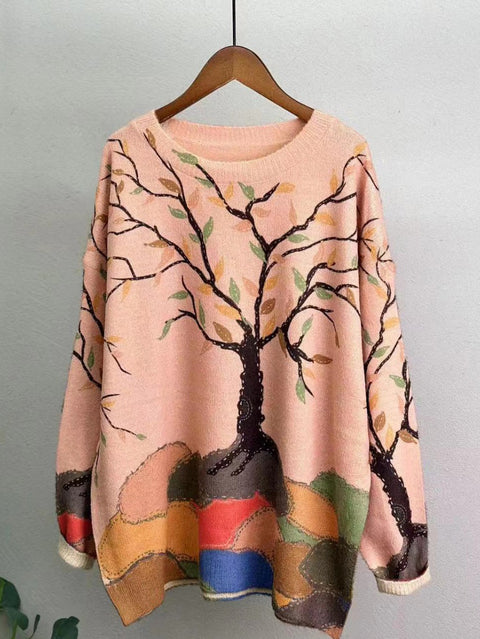 Women Casual Winter Flower Knitted O-Neck Sweater