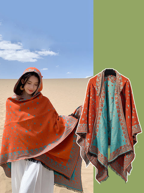 Women Ethnic Star Print Hooded Scarf Shawl