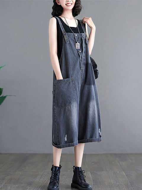 Women Summer Washed Pocket Frayed Button Denim Jumpsuits