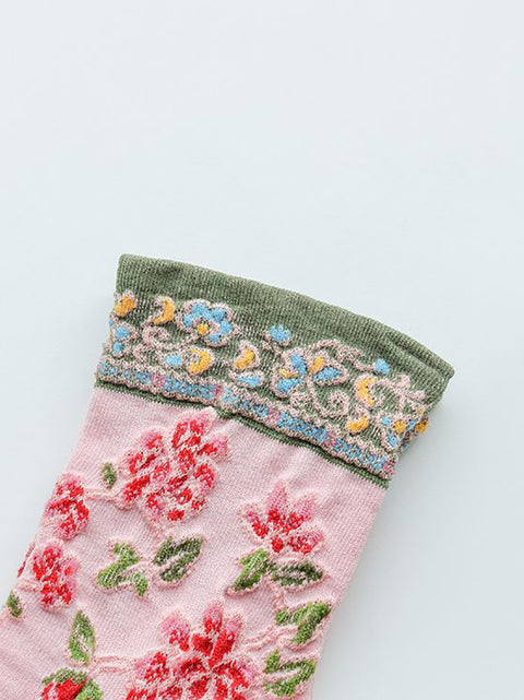 5 Pairs Women Vintage Floral Jacquard Cotton Socks