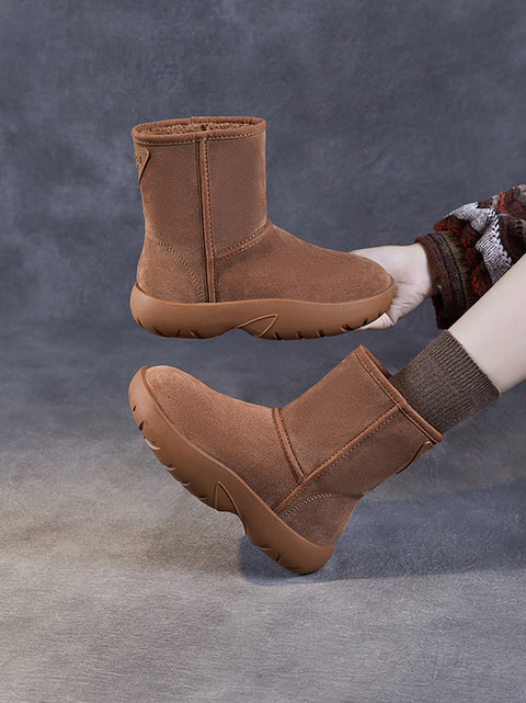 Women Winter Warm Fleece-lined Leather Low Heel Snow Boots