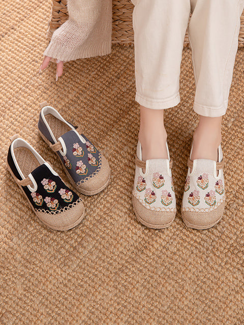 Women Ethnic Flower Embroidery Linen Flat Shoes