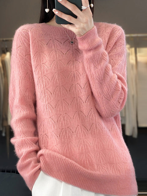 Women Autumn O-Neck Wool Hollow Out Knit Sweater