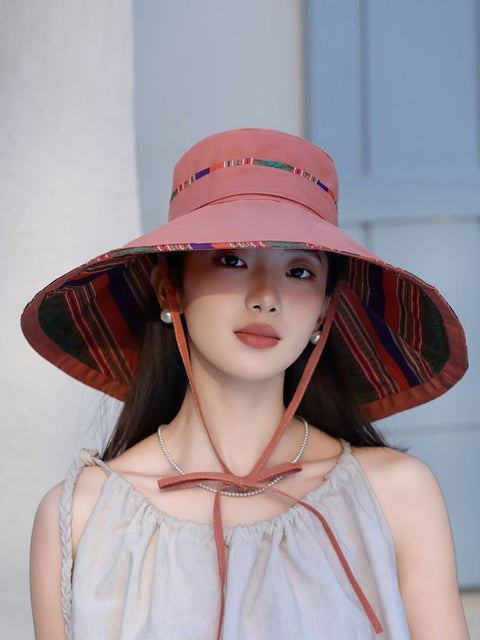 Women Ethnic Stripe Colorblock Strap Sunproof Hat