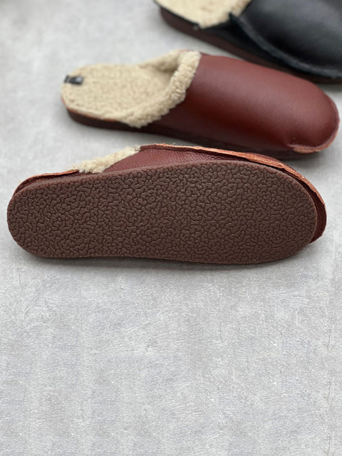 Women Vintage Winter Leather Fleece-lined Flat Slippers