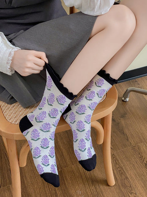 5 Pairs Women Artsy Flower Mid-Heel Cotton Socks