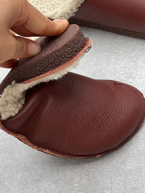 Women Vintage Winter Leather Fleece-lined Flat Slippers