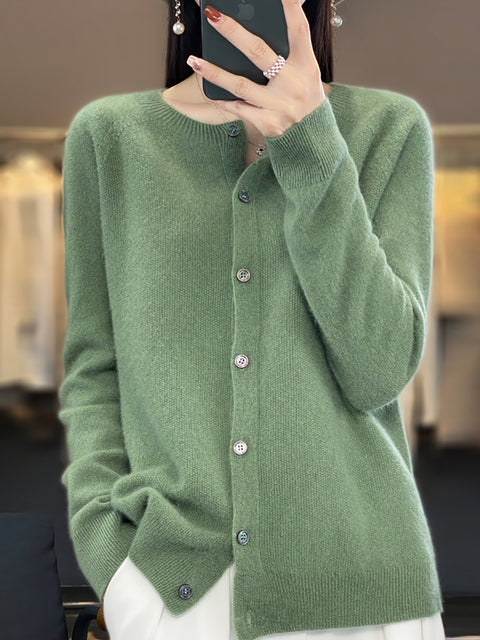 Women Autumn Wool O-Neck Cardigan Knit Sweater