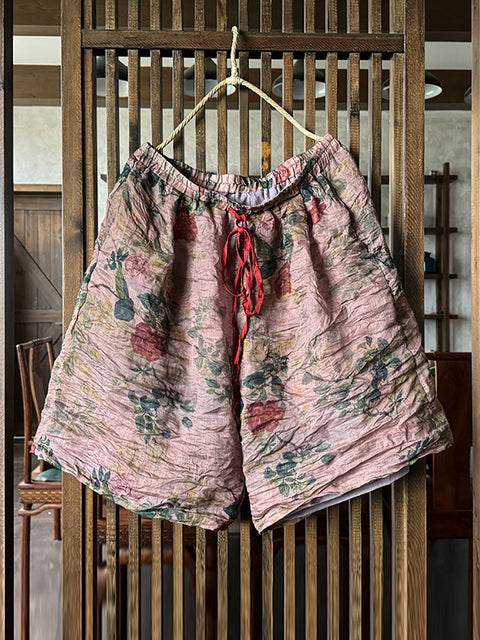 Women Summer Vintage Flower Loose Ramie Shorts