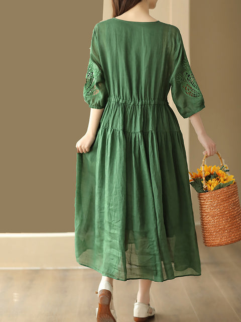 Women Vintage Embroidery Solid Stitching Ramie Dress