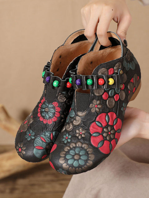 Women Ethnic Flower Embossing Leather Bead Low Heel Shoes