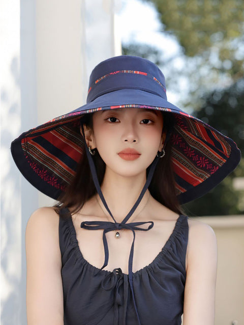 Women Ethnic Stripe Colorblock Strap Sunproof Hat